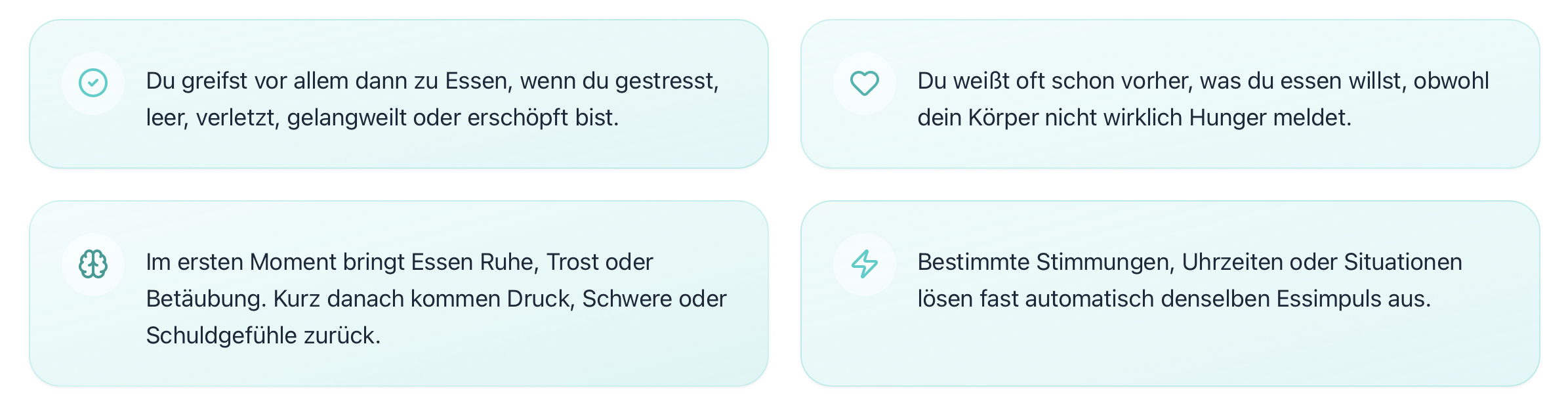 Vier Infokarten mit Erkennungsmerkmalen für emotionales Essen: Essen bei Stress, Vorahnung des Essens, kurzfristige Erleichte