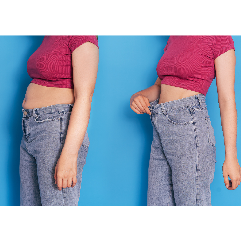 Vorher-Nachher-Aufnahme einer Person, die zeigt, wie eine zuvor eng sitzende Jeans nach der Auflösung emotionaler Essmuster
