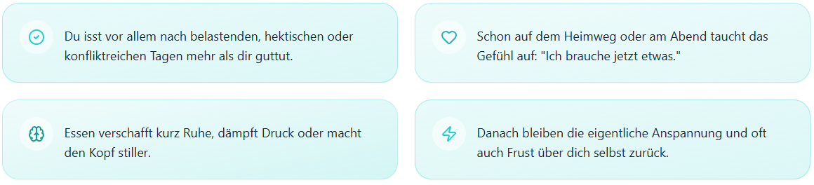 Vier typische Merkmale, an denen sich Stressessen erkennen lässt.